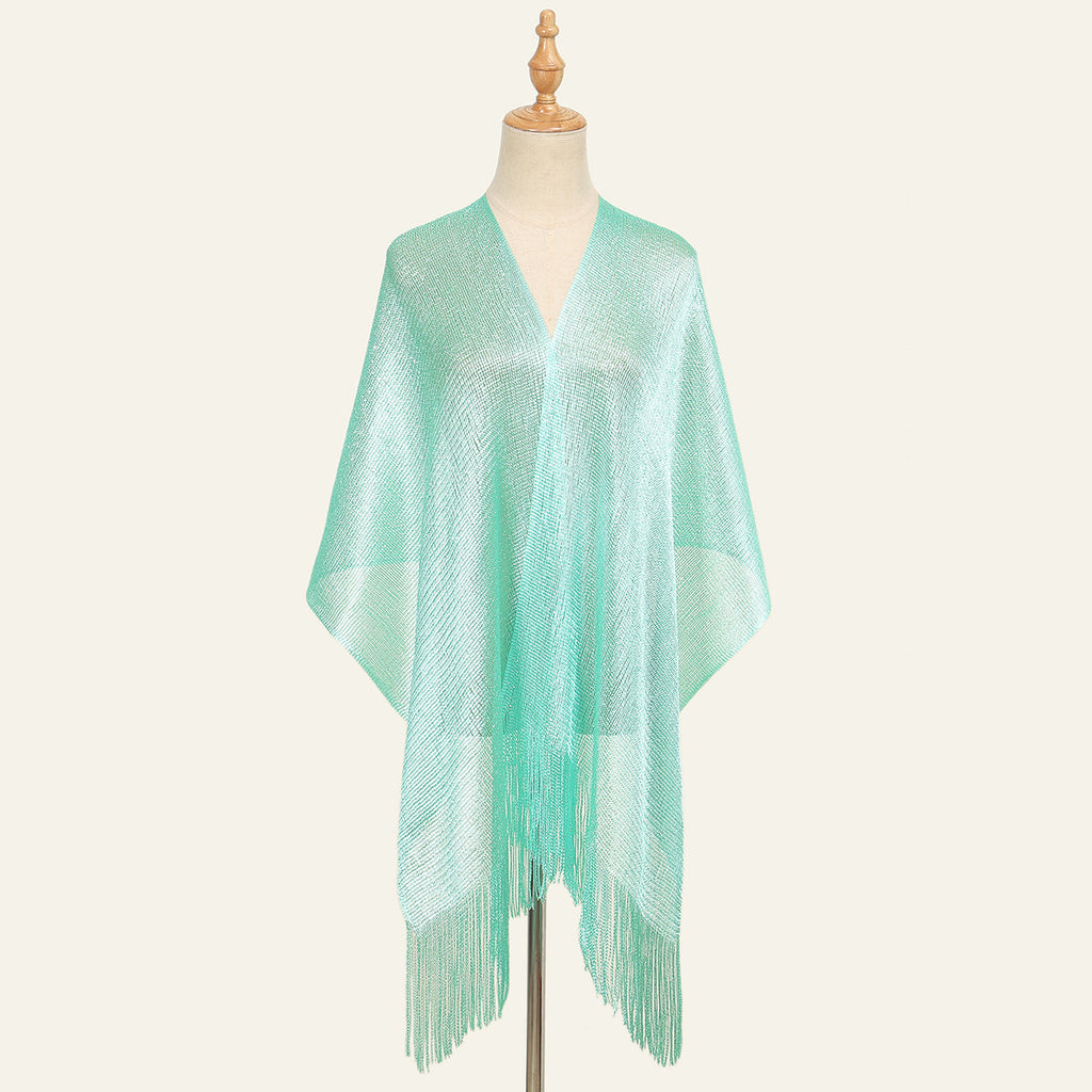Sheer Fringed Evening Cape Wrap - Green