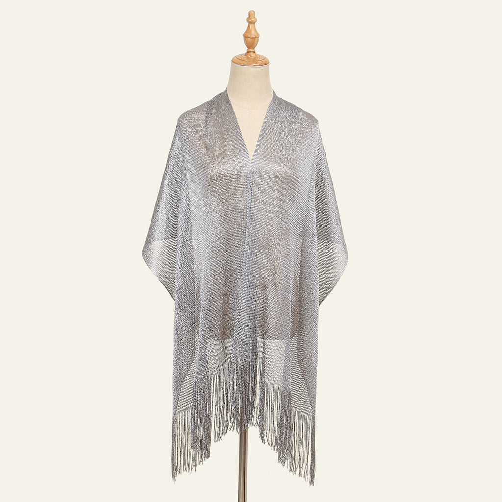Sheer Fringed Evening Cape Wrap - Grey