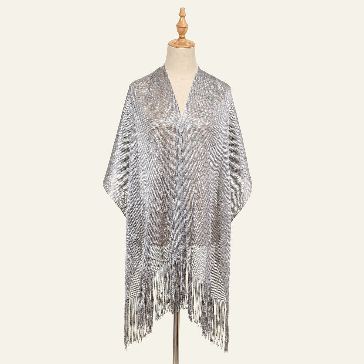 Sheer Fringed Evening Cape Wrap - Grey