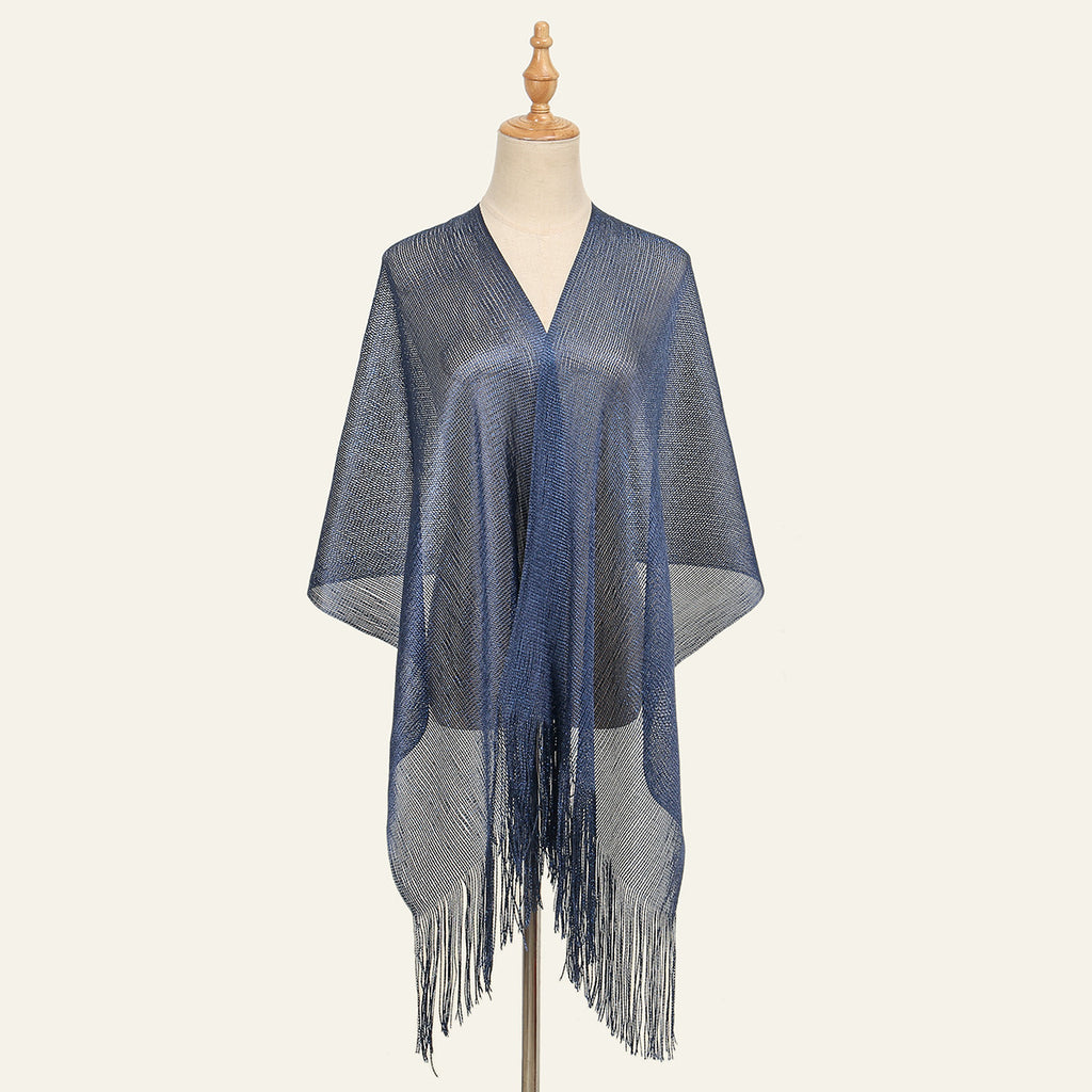 Sheer Fringed Evening Cape Wrap - Navy