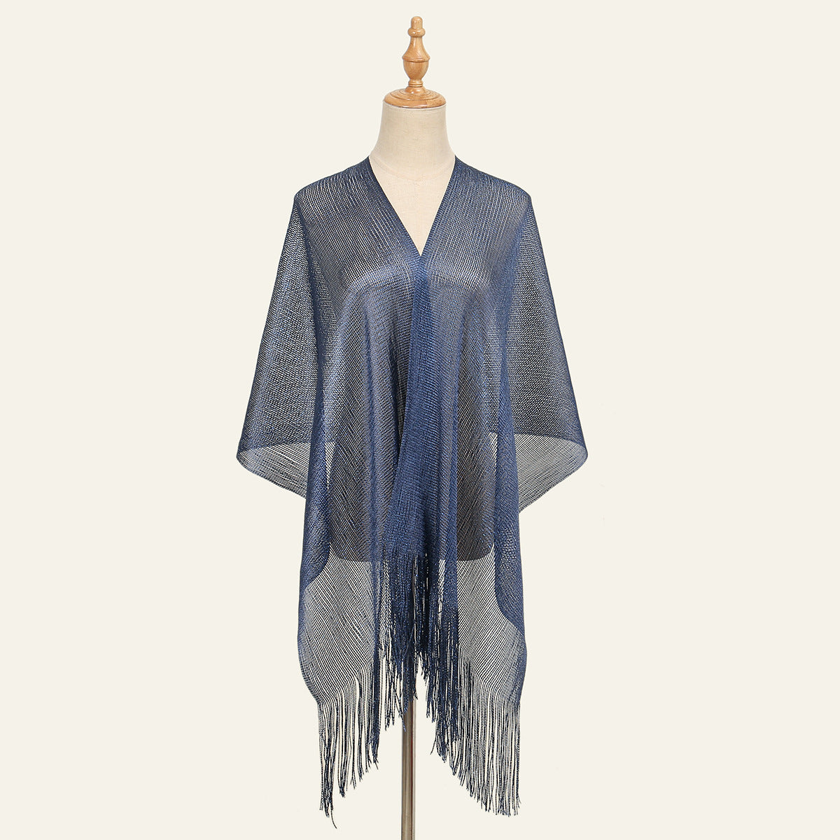 Sheer Fringed Evening Cape Wrap - Navy