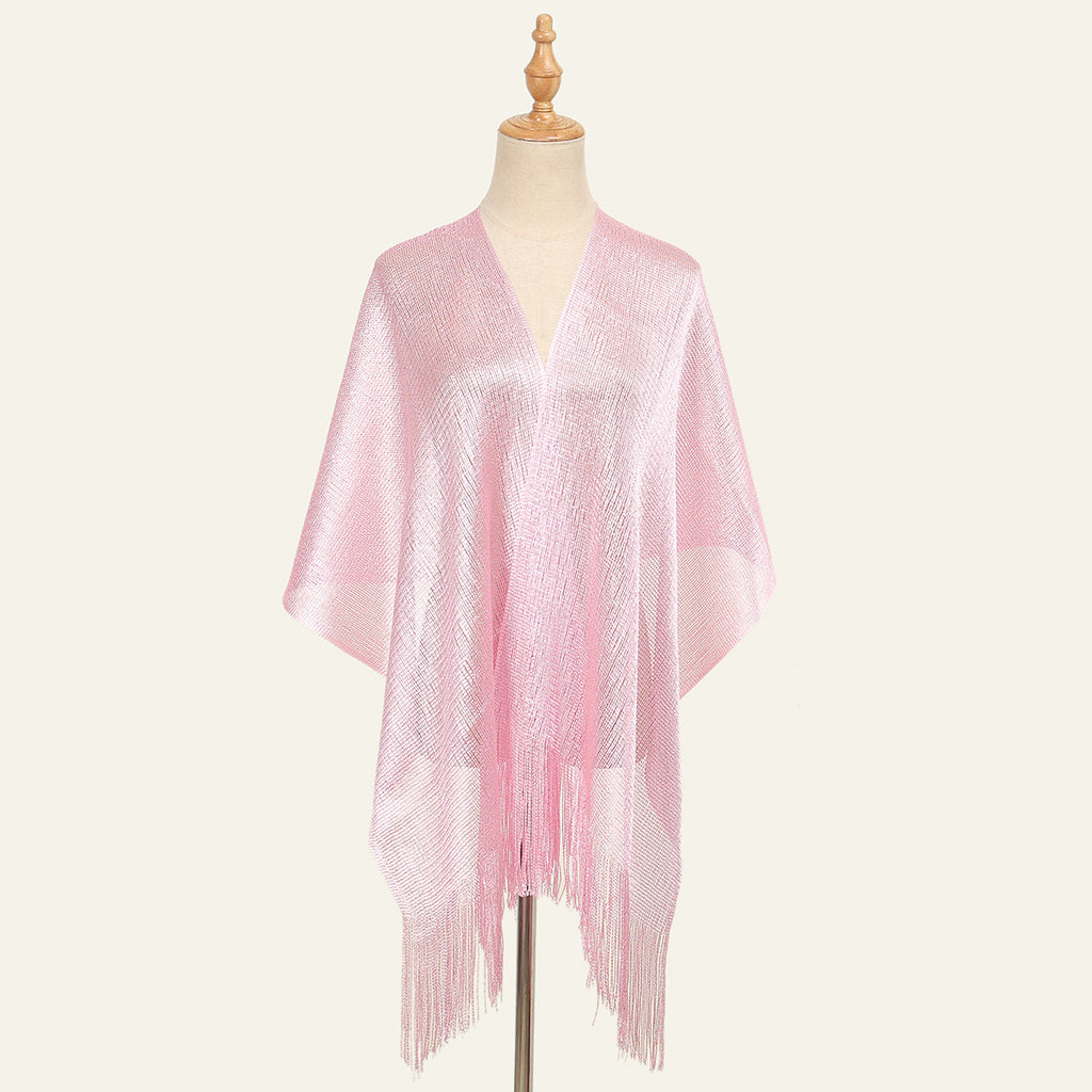 Sheer Fringed Evening Cape Wrap - Pink