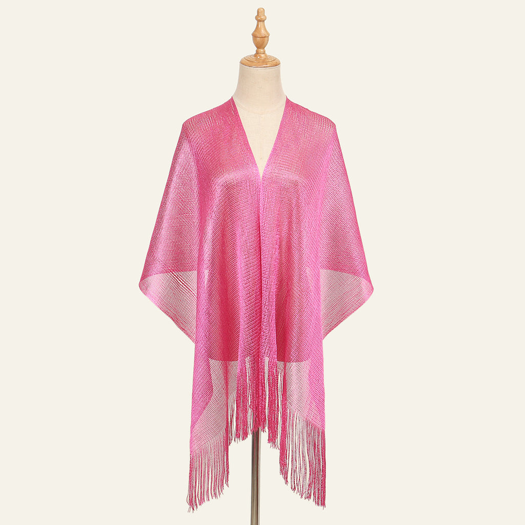 Sheer Fringed Evening Cape Wrap - Rose