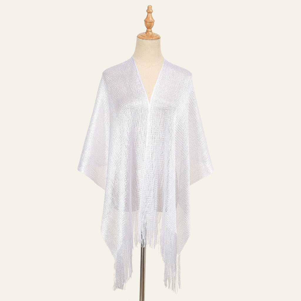 Sheer Fringed Evening Cape Wrap - White