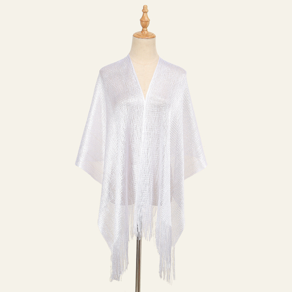 Sheer Fringed Evening Cape Wrap - White