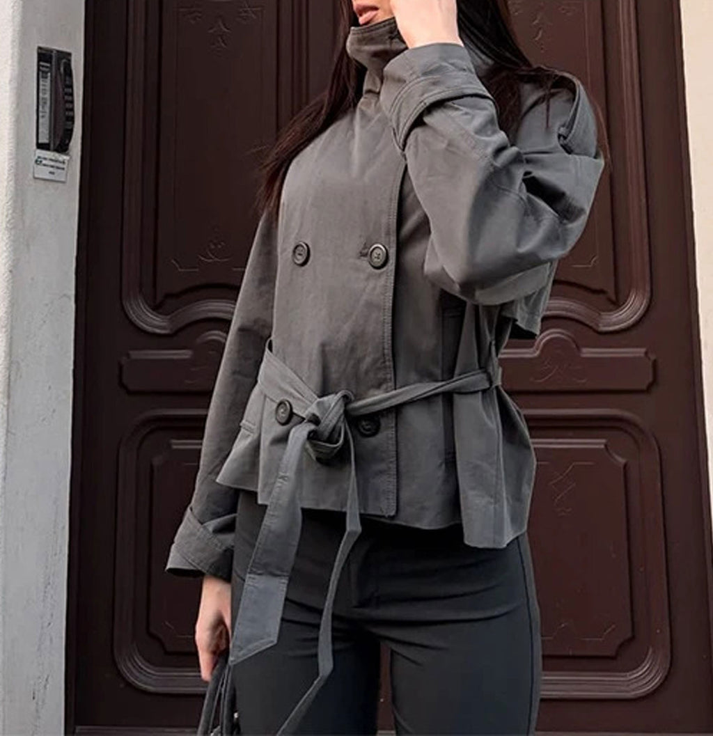 Belted Funnel Neck Cropped Trench Jacket - Grey