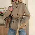 Belted Funnel Neck Cropped Trench Jacket - Khaki