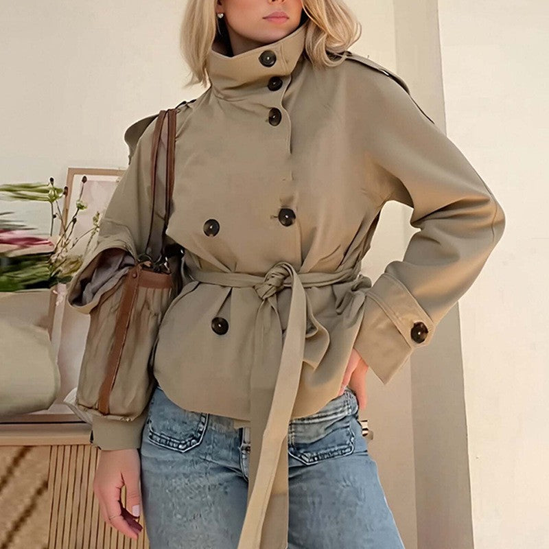 Belted Funnel Neck Cropped Trench Jacket
