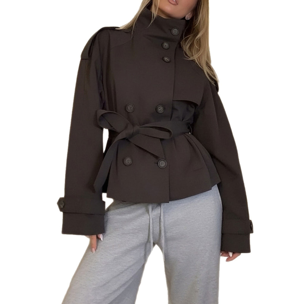 Belted Funnel Neck Cropped Trench Jacket