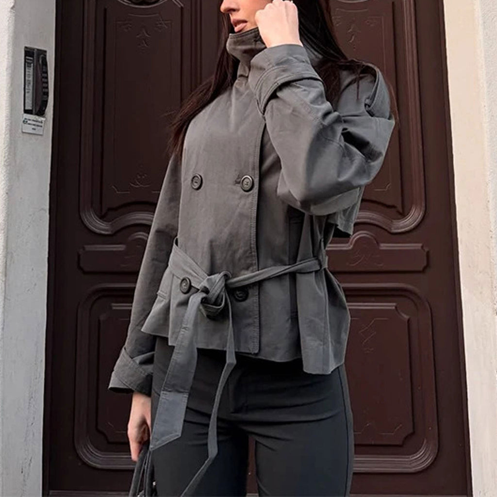 Belted Funnel Neck Cropped Trench Jacket