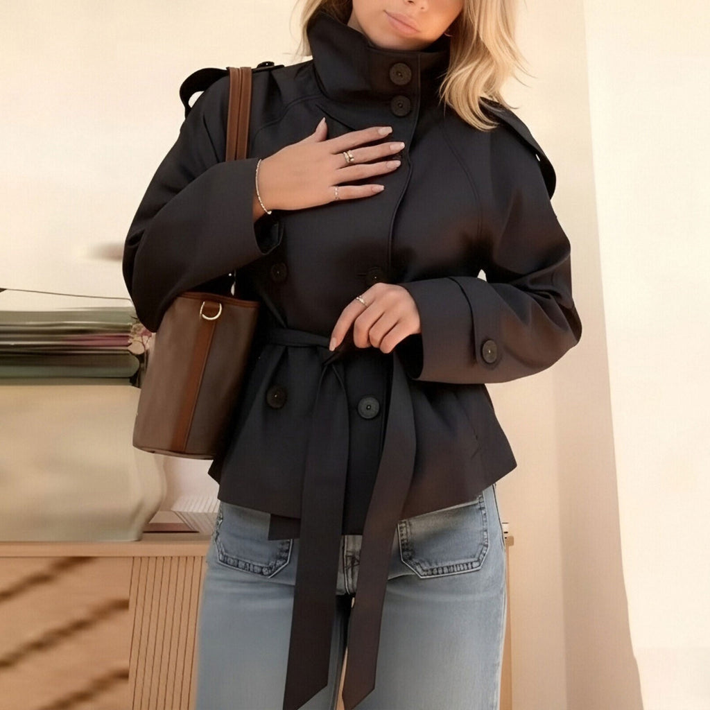 Belted Funnel Neck Cropped Trench Jacket