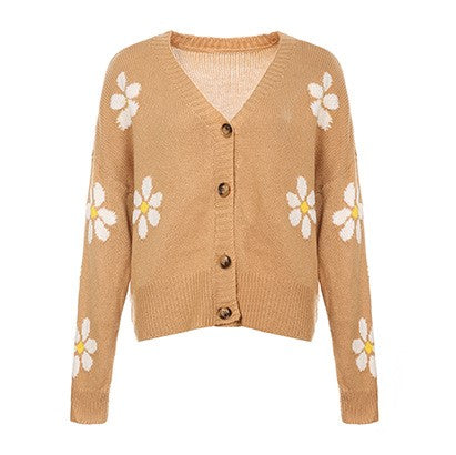 Daisy Jacquard V Neck Button Cardigan - Camel - 1