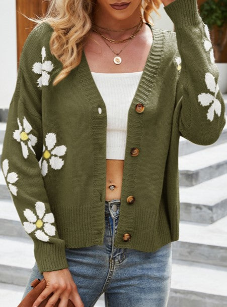 Daisy Jacquard V Neck Button Cardigan - Green