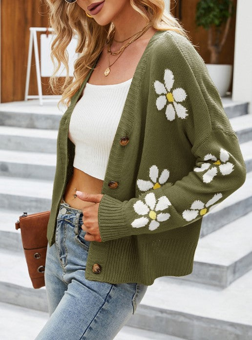 Daisy Jacquard V Neck Button Cardigan - Green - 1