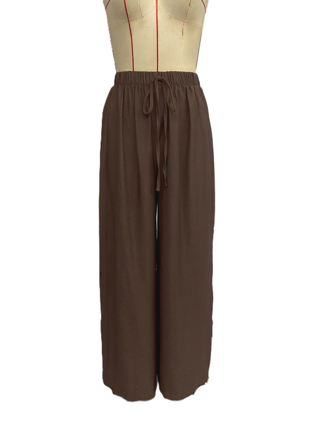 Drawstring Waist Wide Leg Palazzo Pants - Brown