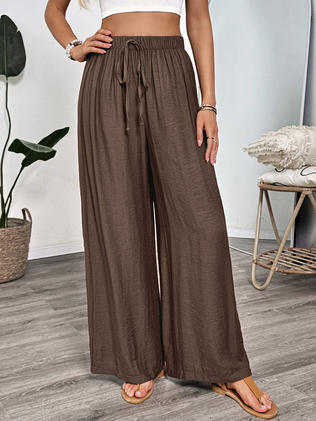 Drawstring Waist Wide Leg Palazzo Pants - Brown - 2