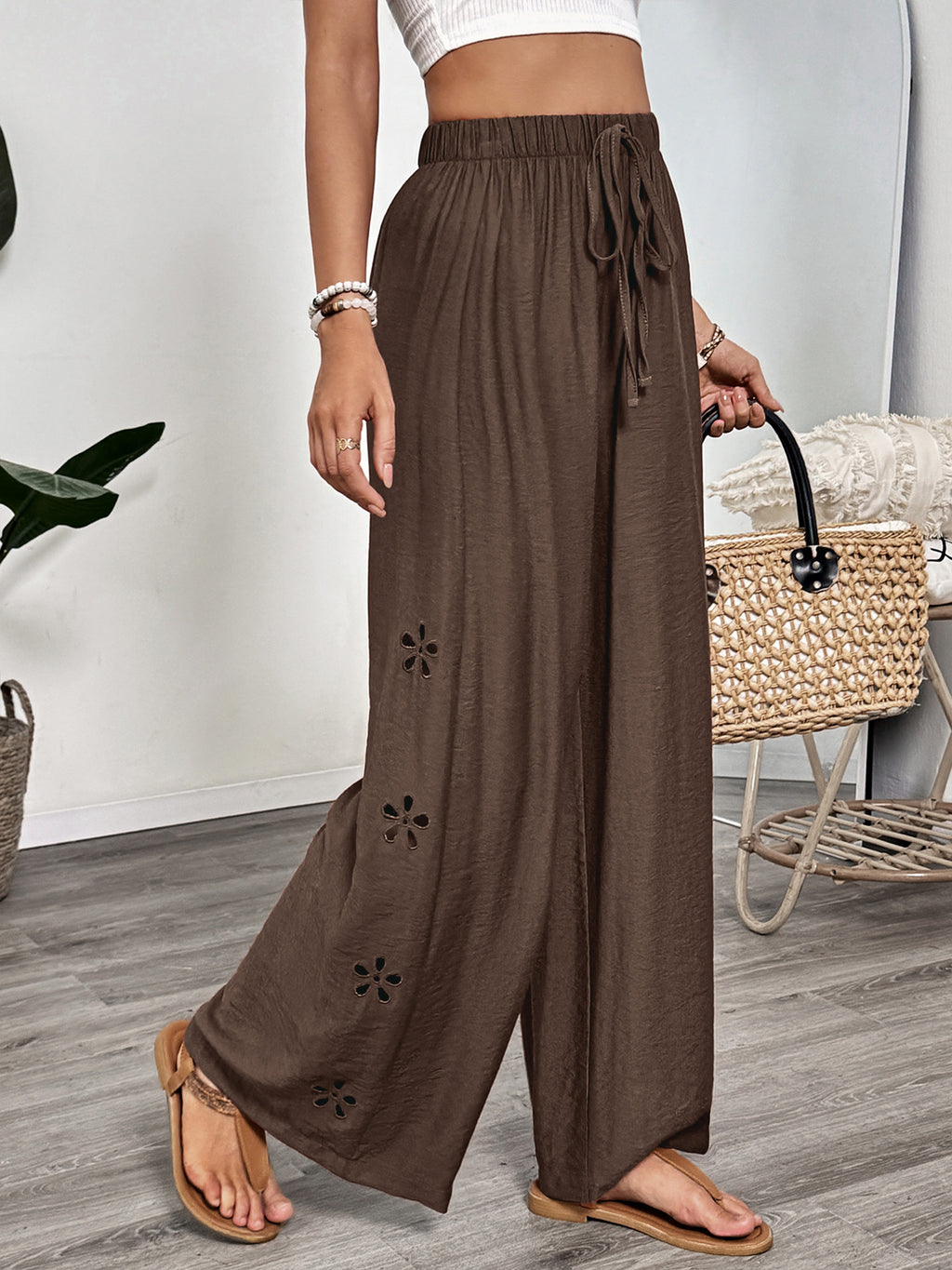 Drawstring Waist Wide Leg Palazzo Pants - Brown - 3