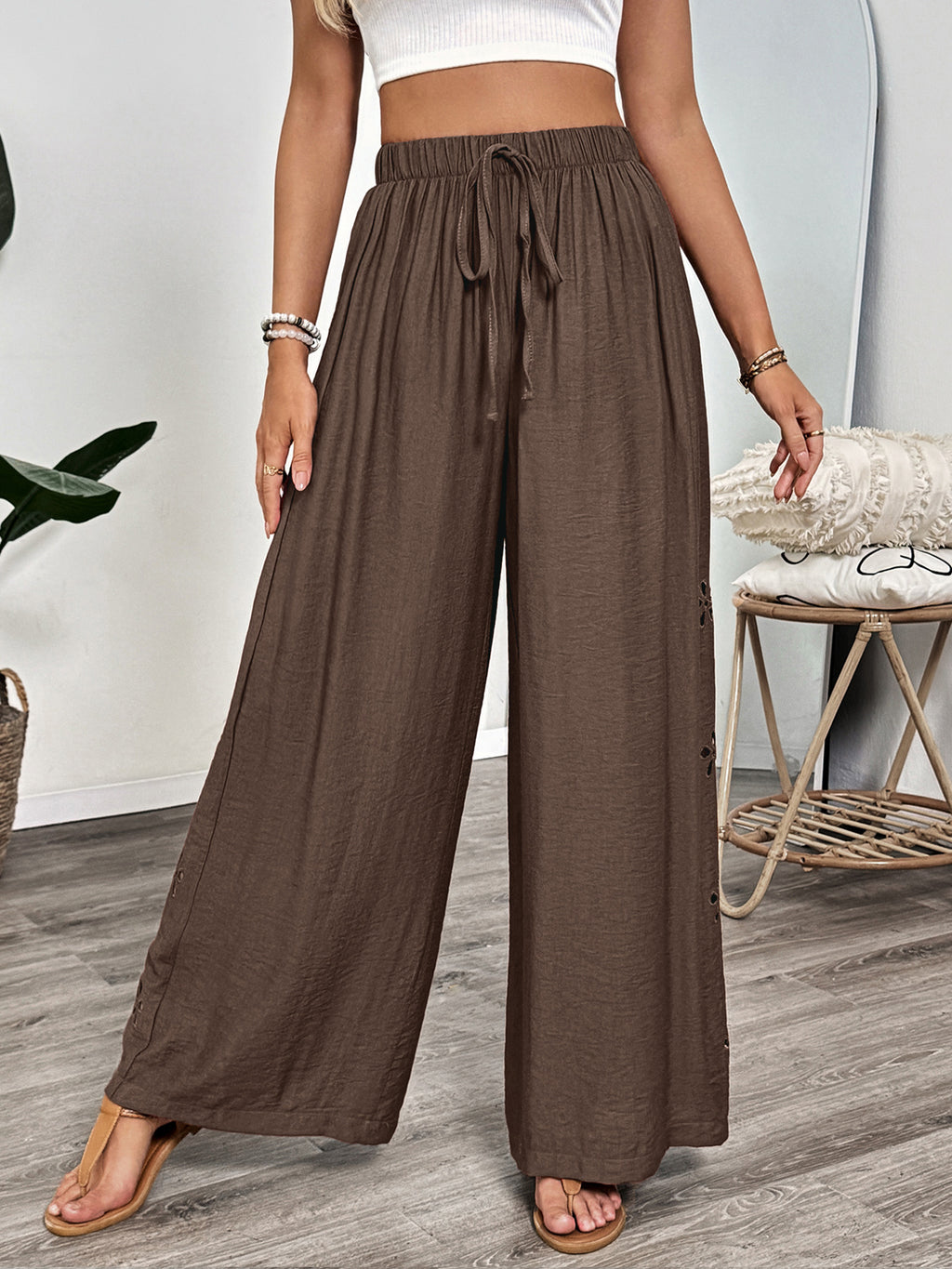 Drawstring Waist Wide Leg Palazzo Pants