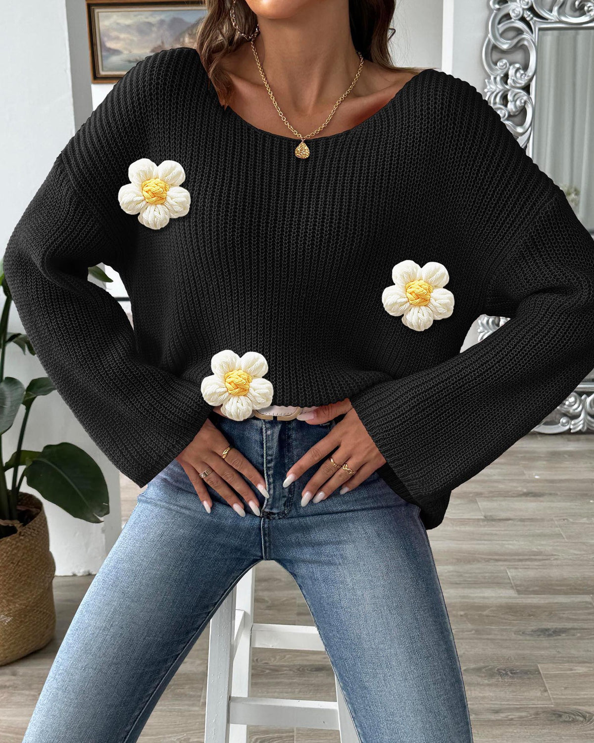 Daisy Applique Wide Sleeve Knit Jumper - Black