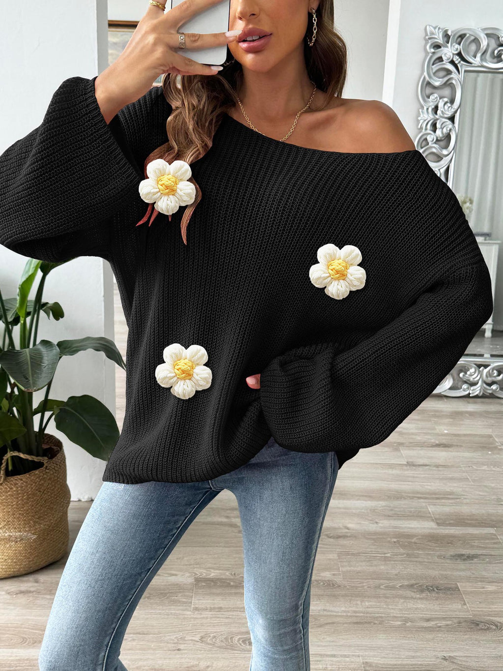 Daisy Applique Wide Sleeve Knit Jumper - Black - 1