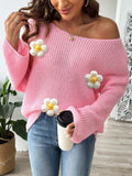 Daisy Applique Wide Sleeve Knit Jumper - Pink