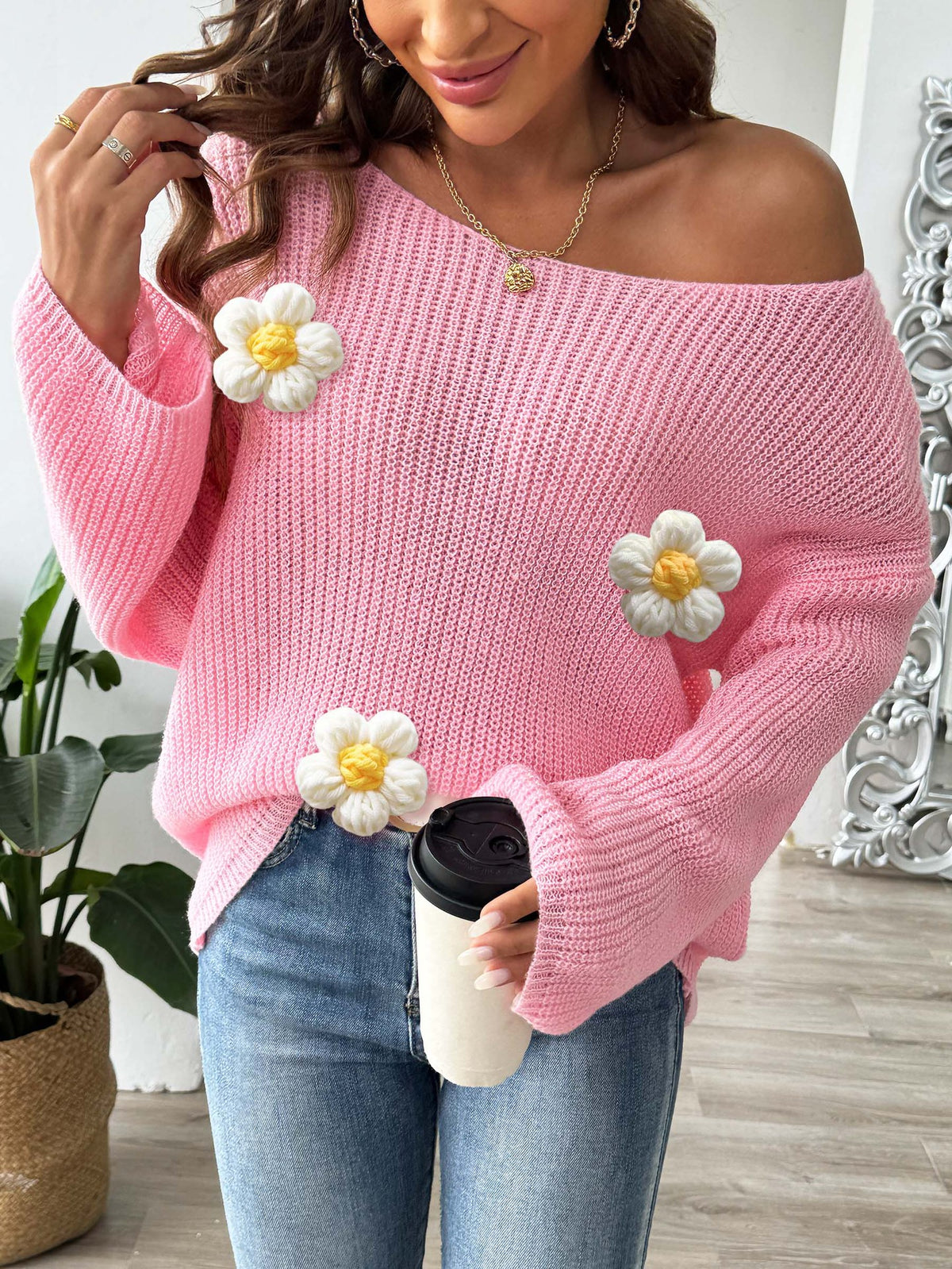 Daisy Applique Wide Sleeve Knit Jumper - Pink