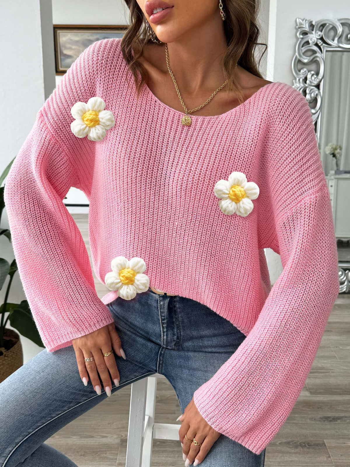 Daisy Applique Wide Sleeve Knit Jumper - Pink - 1