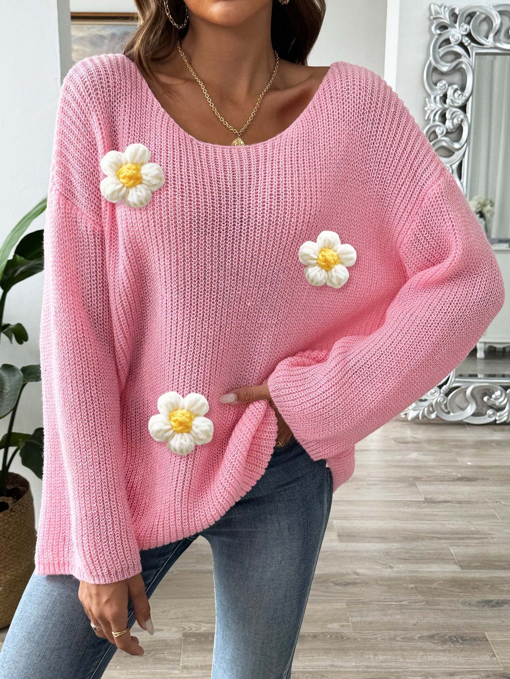 Daisy Applique Wide Sleeve Knit Jumper - Pink - 2
