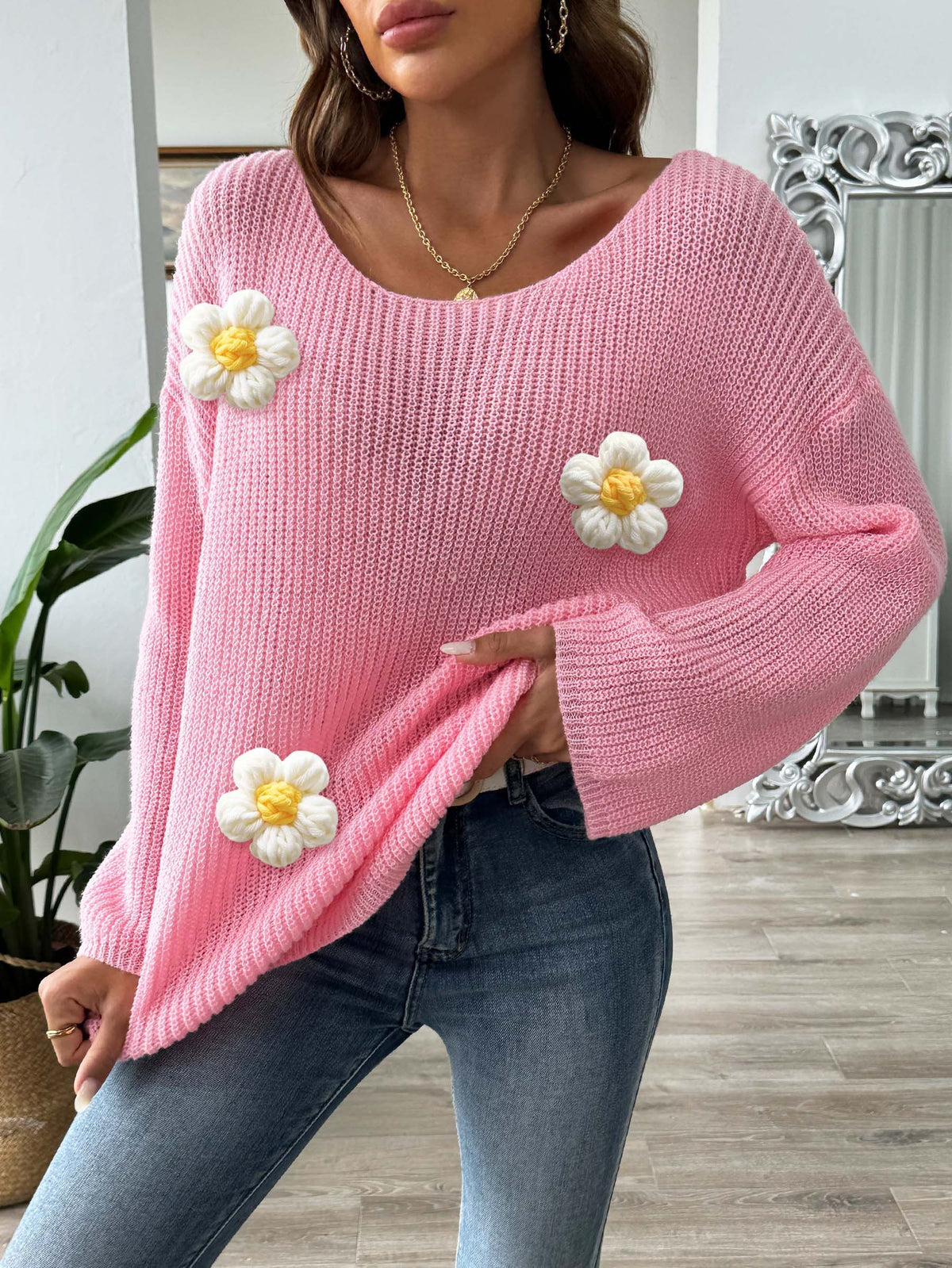 Daisy Applique Wide Sleeve Knit Jumper - Pink - 3