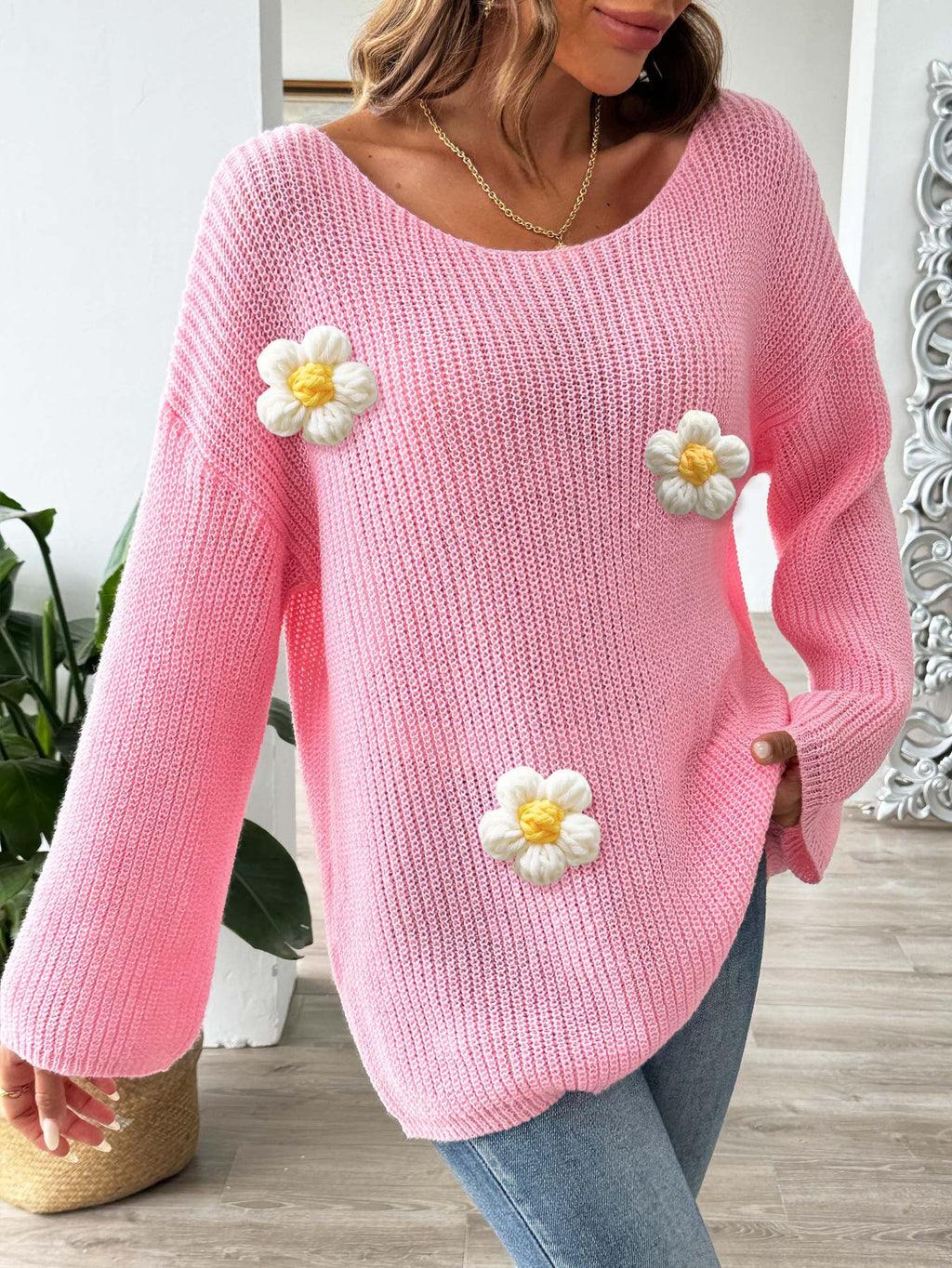 Daisy Applique Wide Sleeve Knit Jumper - Pink - 4