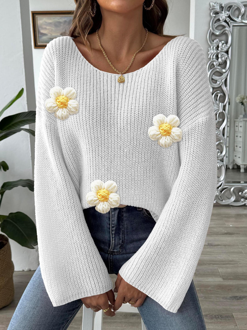Daisy Applique Wide Sleeve Knit Jumper - White