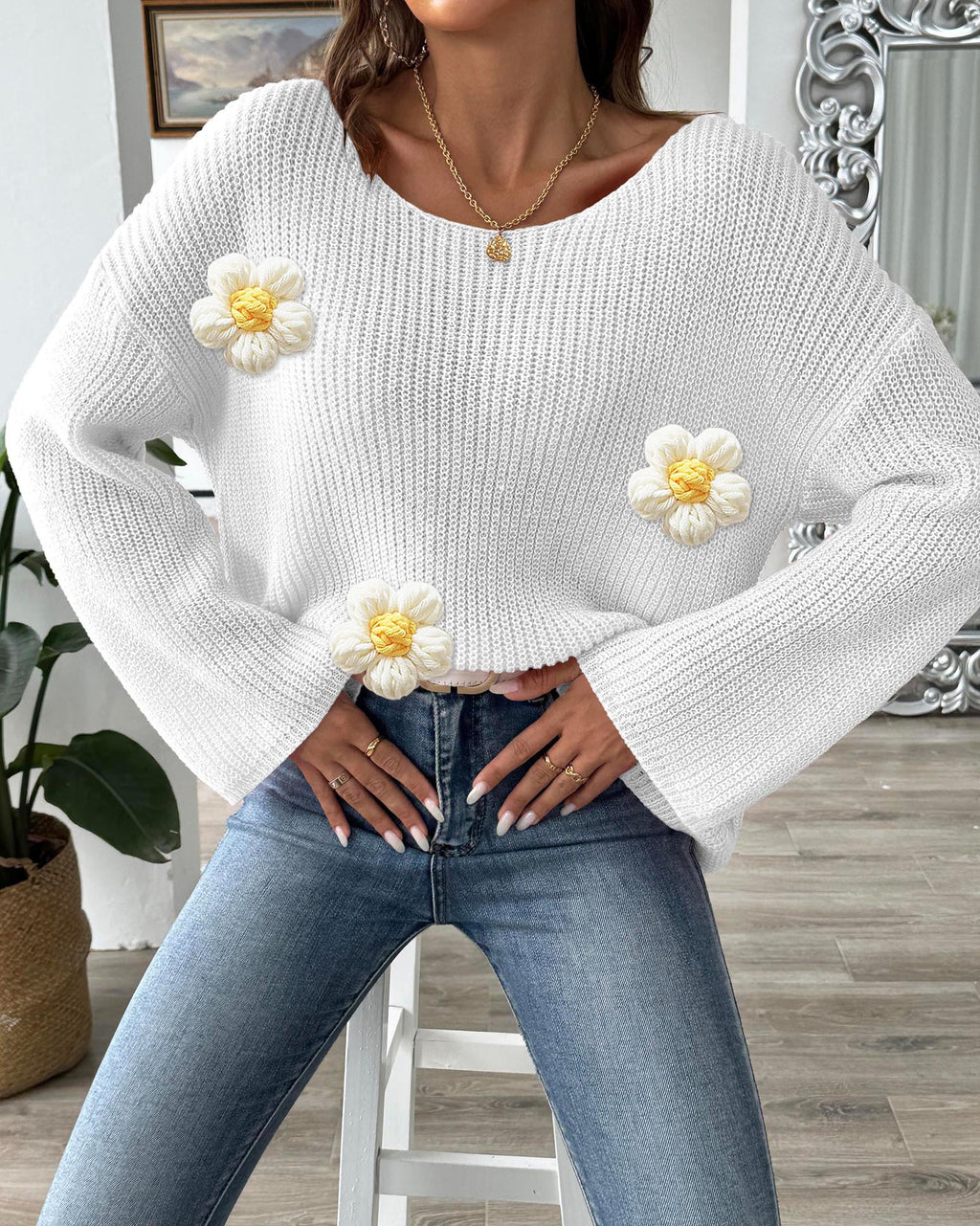 Daisy Applique Wide Sleeve Knit Jumper - White - 1