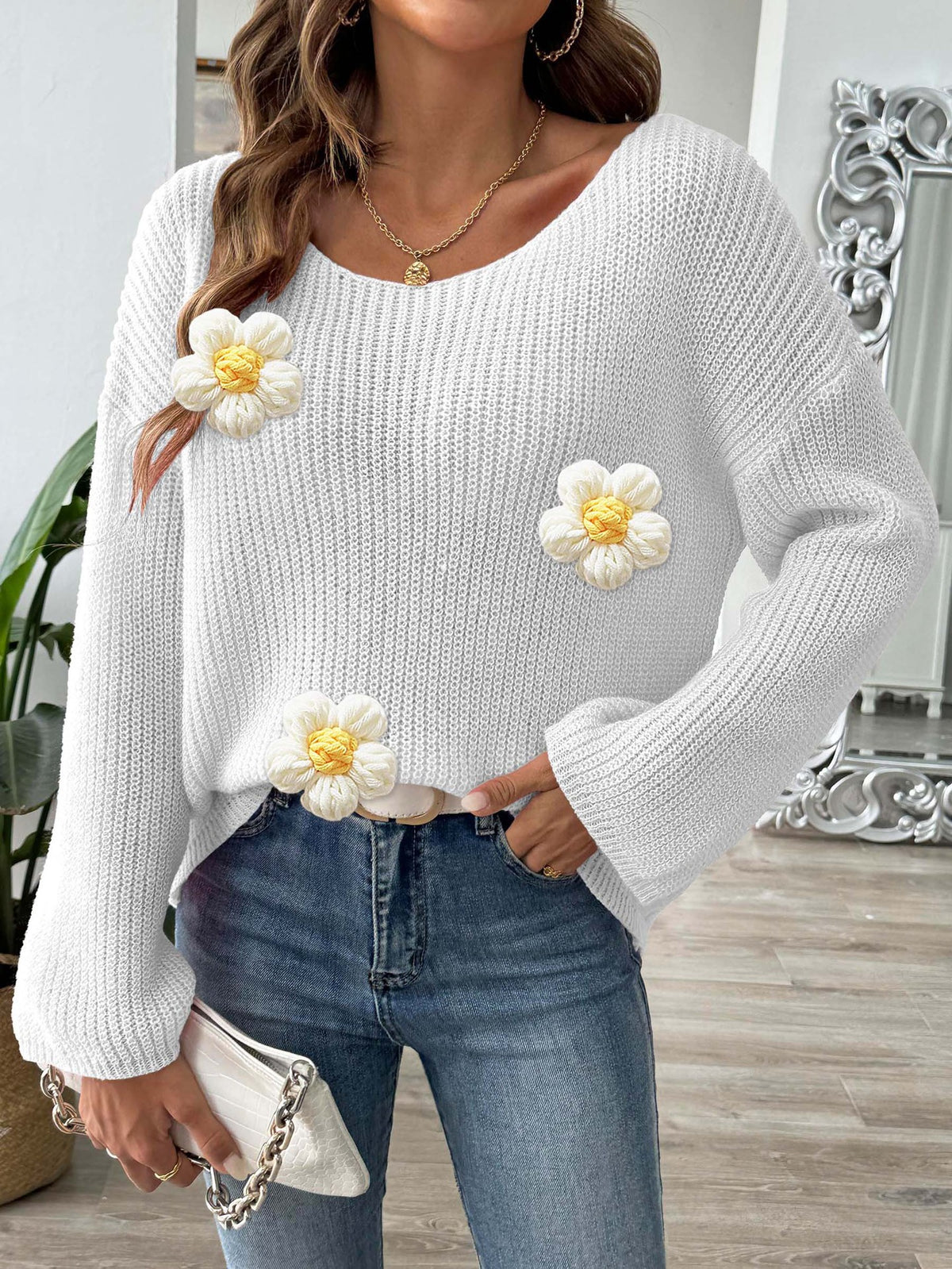 Daisy Applique Wide Sleeve Knit Jumper - White - 3