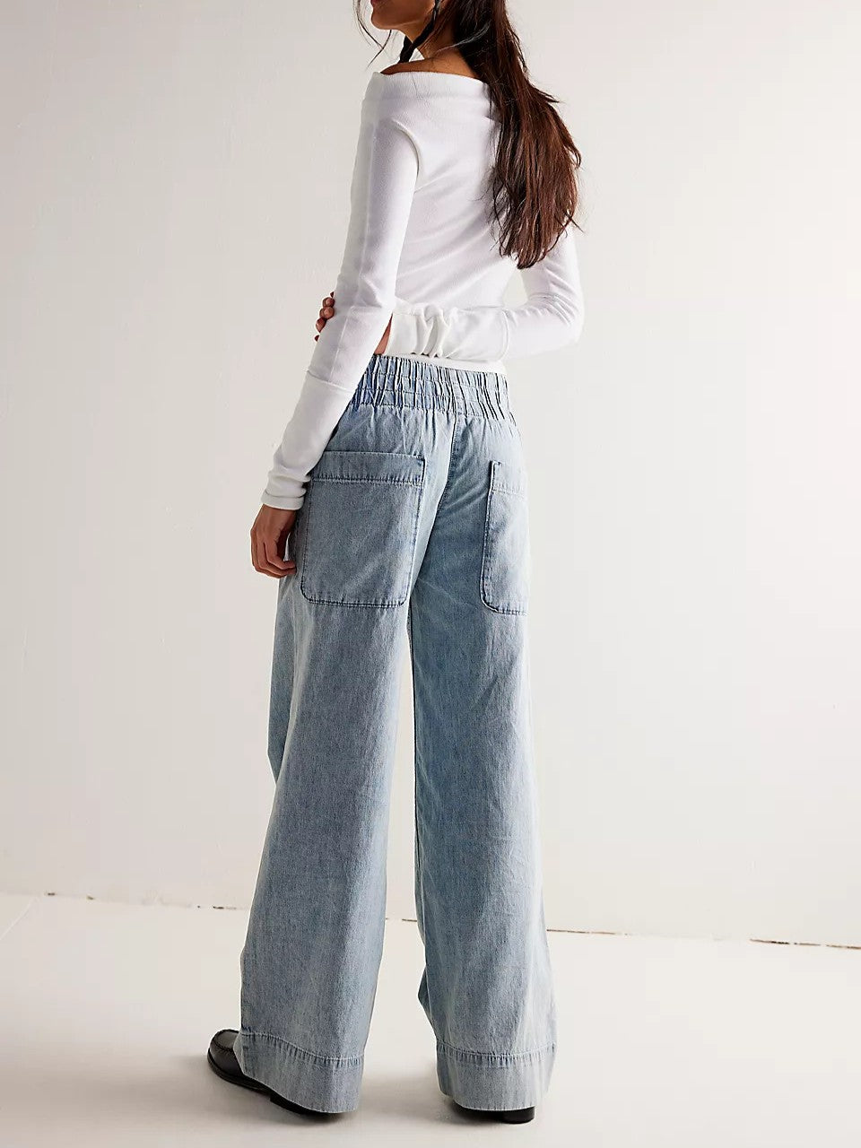 Low Rise Slouchy Wide Leg Pull On Jeans - Lightblue - 1