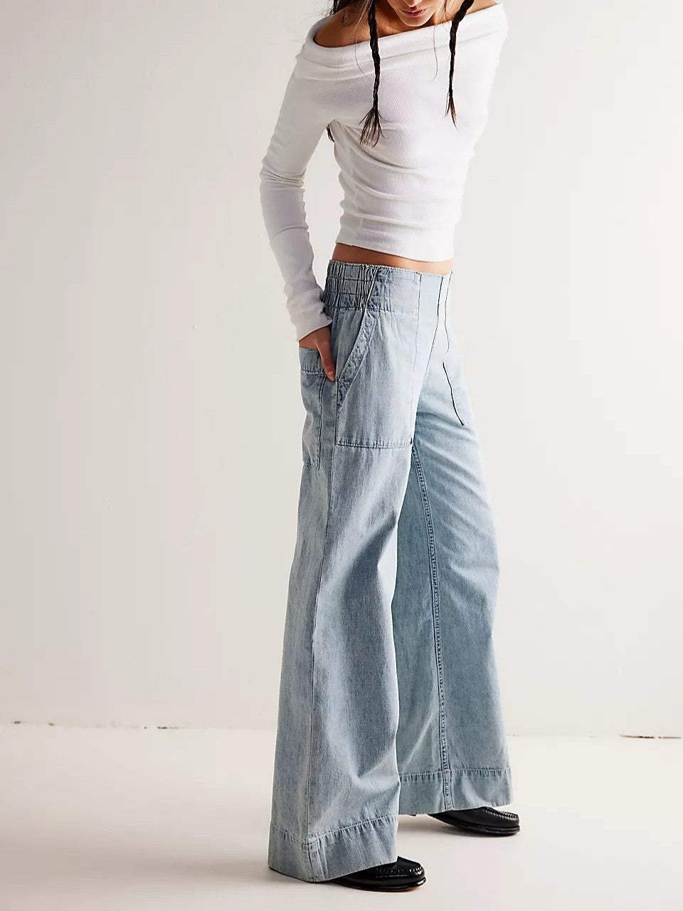 Low Rise Slouchy Wide Leg Pull On Jeans - Lightblue - 2