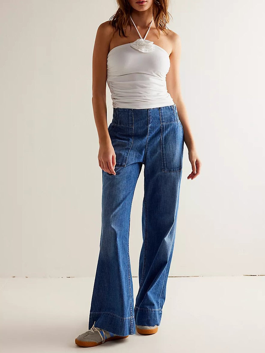 Low Rise Slouchy Wide Leg Pull On Jeans - blue