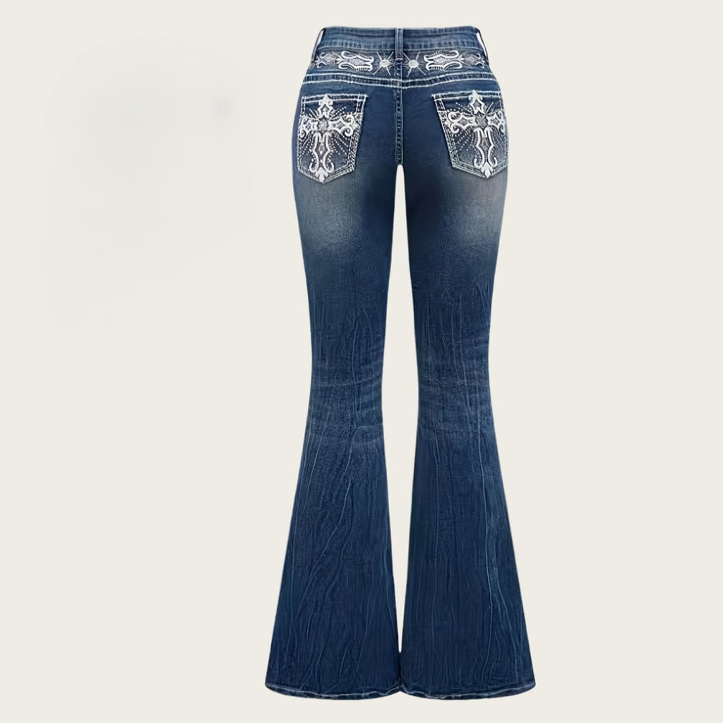Embellished Back Pocket Bootcut Flare Jeans - Blue