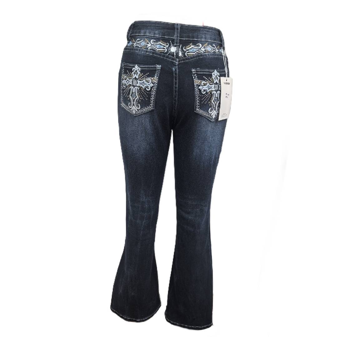 Embellished Back Pocket Bootcut Flare Jeans - Bluegrey