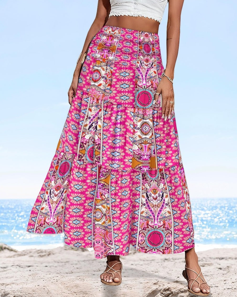 Smocked Waist Bohemian Maxi Skirt - Fuchsia