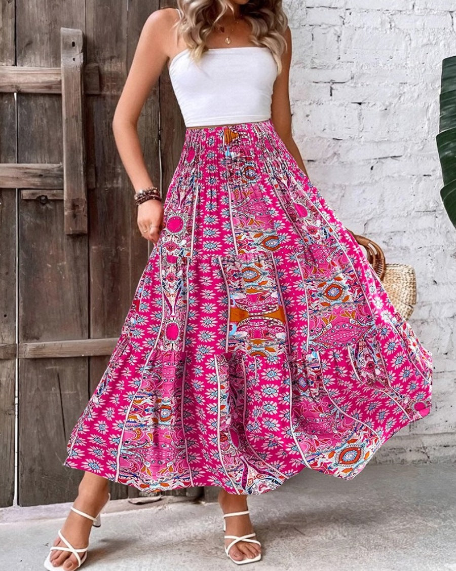 Smocked Waist Bohemian Maxi Skirt - Fuchsia - 1