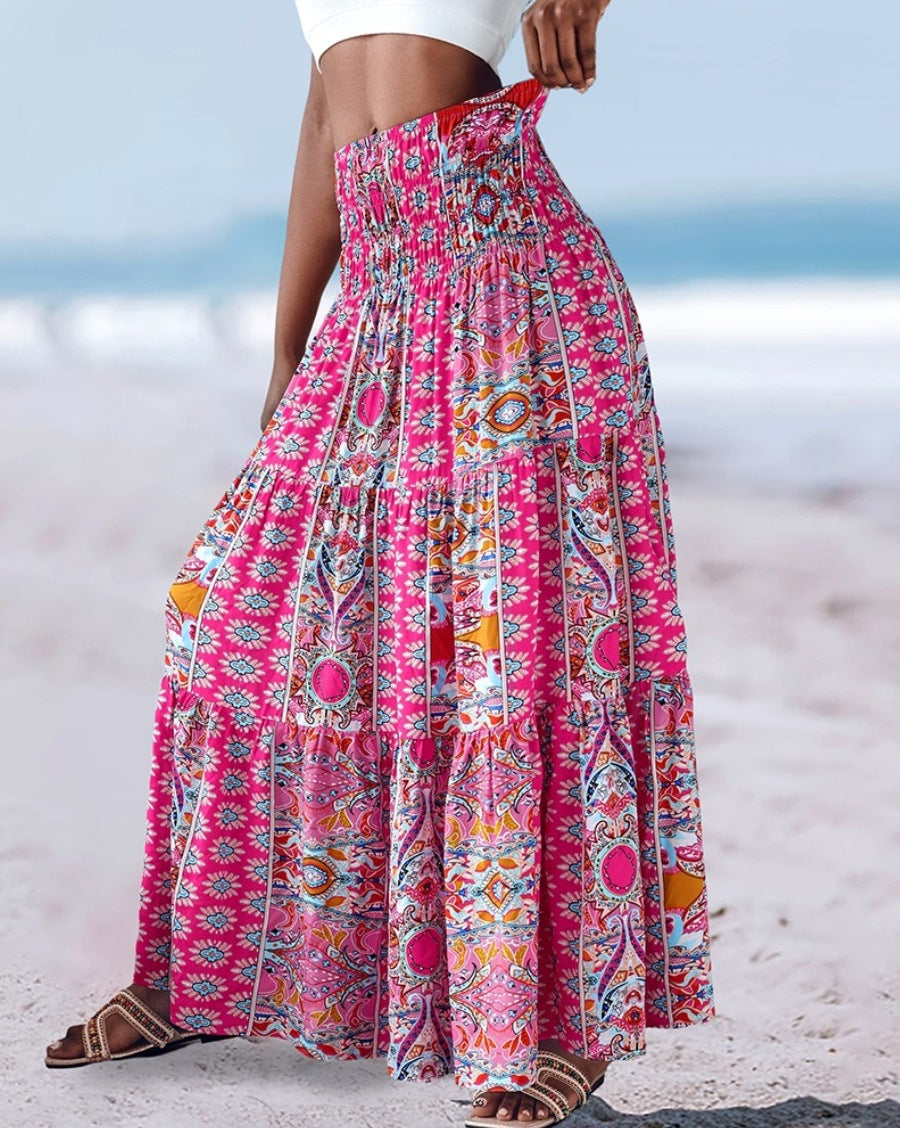 Smocked Waist Bohemian Maxi Skirt - Fuchsia - 3