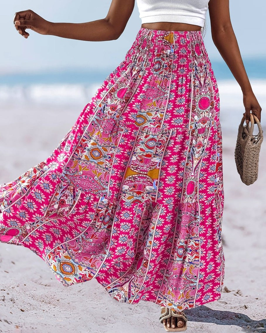 Smocked Waist Bohemian Maxi Skirt - Fuchsia - 4