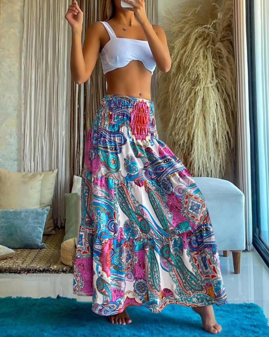 Smocked Waist Bohemian Maxi Skirt - Paisley