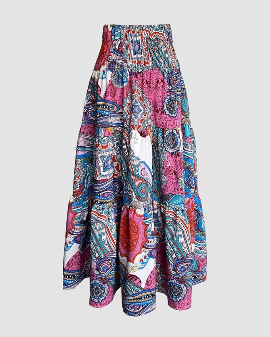 Smocked Waist Bohemian Maxi Skirt - Paisley - 1