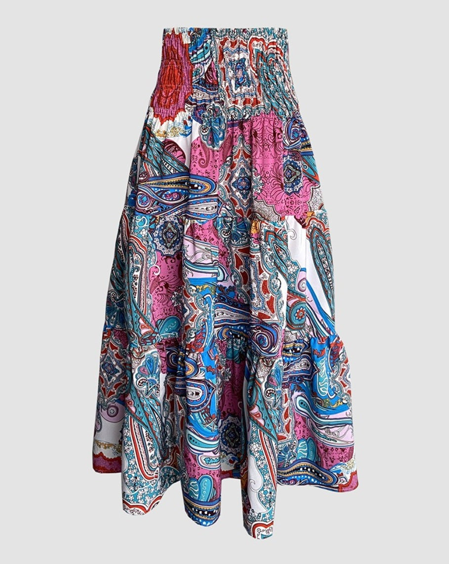 Smocked Waist Bohemian Maxi Skirt - Paisley - 2