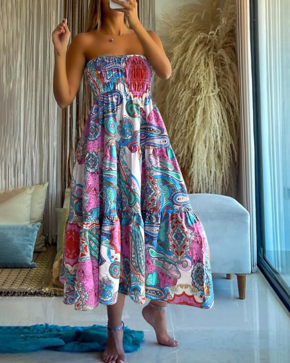 Smocked Waist Bohemian Maxi Skirt - Paisley - 3