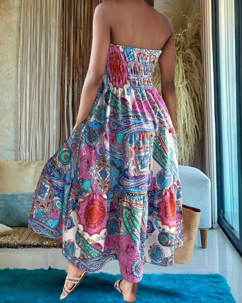 Smocked Waist Bohemian Maxi Skirt - Paisley - 4