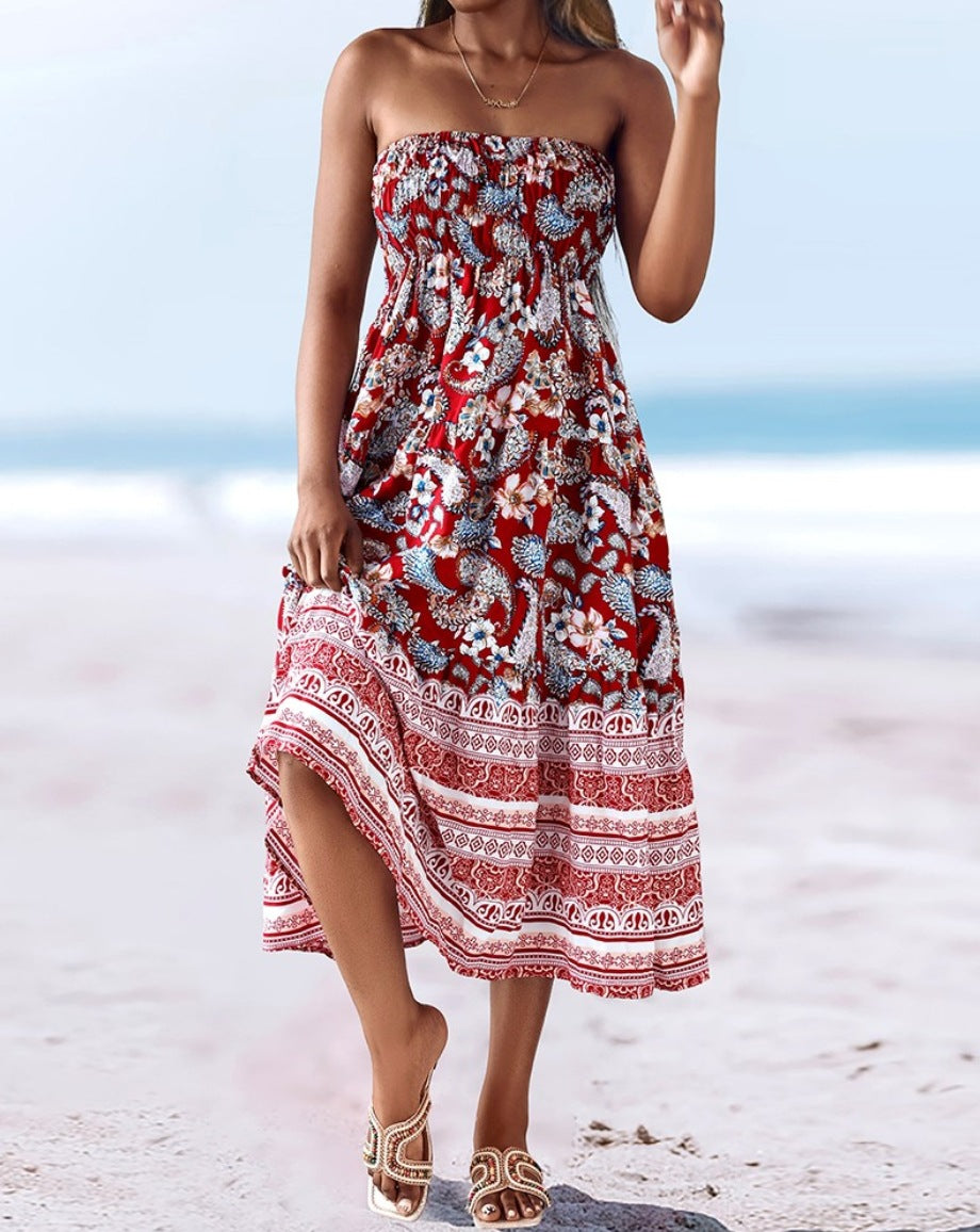 Smocked Waist Bohemian Maxi Skirt - red - 2