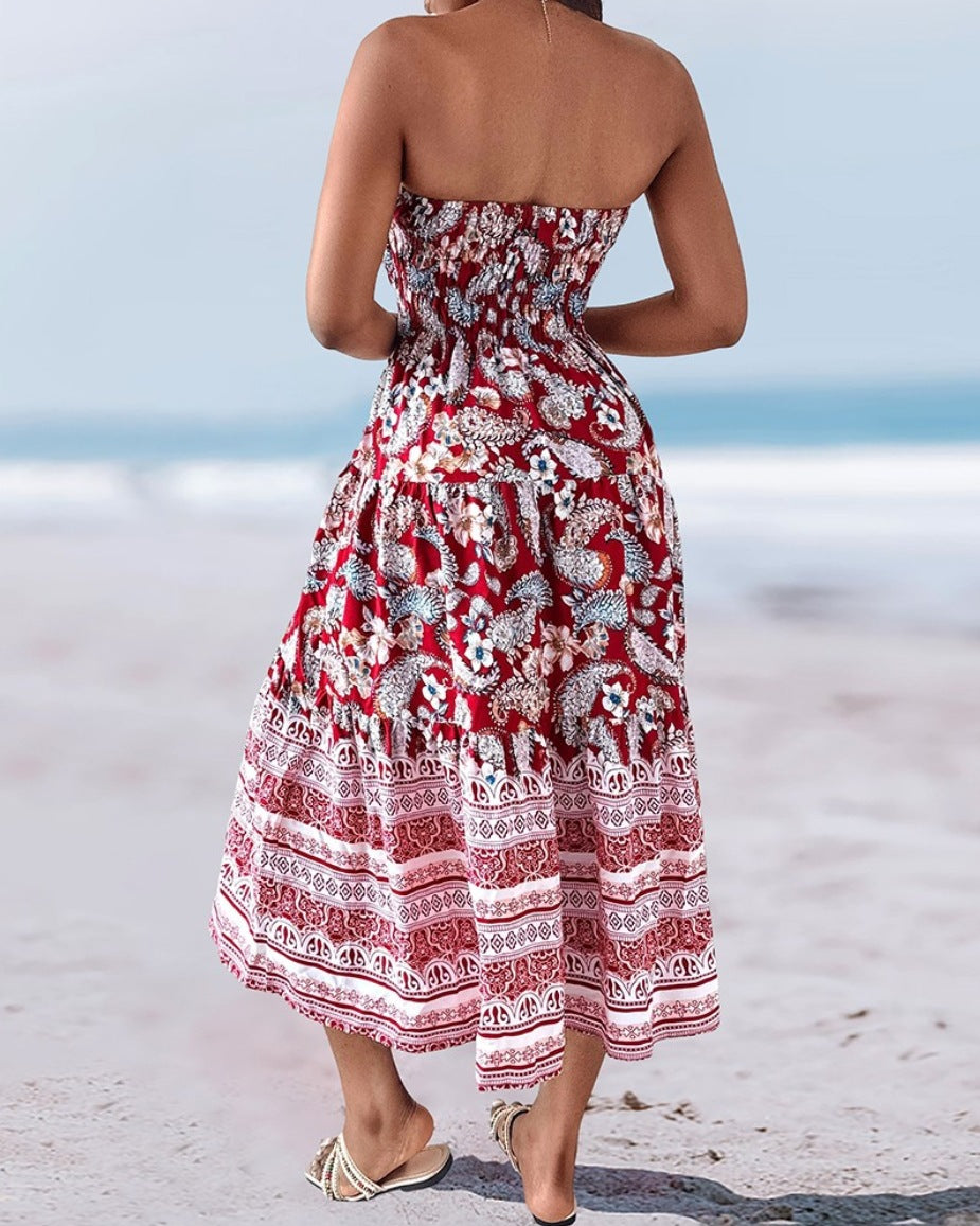 Smocked Waist Bohemian Maxi Skirt - red - 3