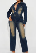 Western Washed Denim Belted Jumpsuit - Dark-Blue